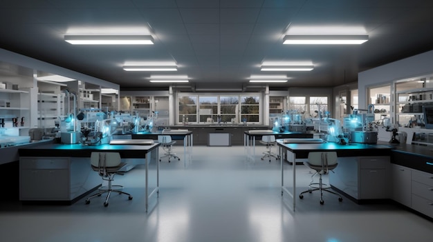 Foto laboratorio de ciencia interior moderno con iluminación desde la puerta de enlace