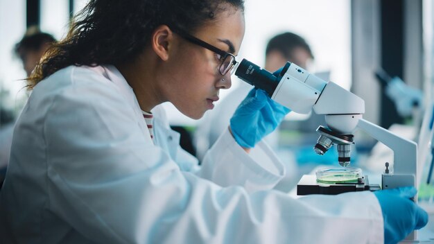 Laboratorio de Ciencias Médicas Bella científica negra mirando bajo el microscopio hace análisis de muestras de prueba Diverso equipo de jóvenes especialistas usando equipos de tecnología avanzada