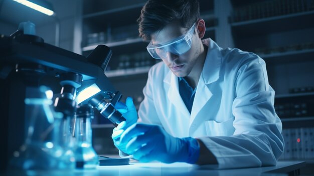 Laboratorio de Ciencias Médicas retrato de hombre guapo científico masculino mirando bajo el microscopio