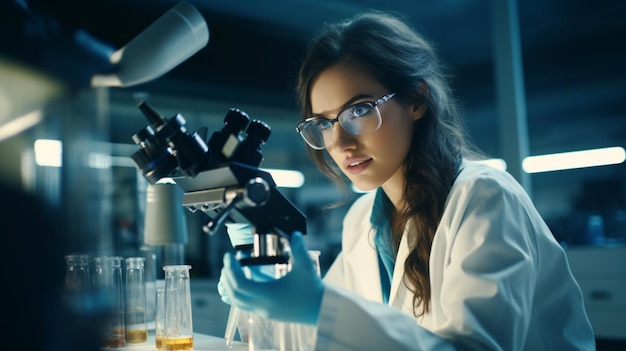 Laboratorio de Ciencias Médicas retrato de mujeres hermosas científica mirando bajo el microscopio