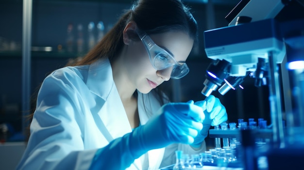 Laboratorio de Ciencias Médicas retrato de mujeres hermosas científica mirando bajo el microscopio