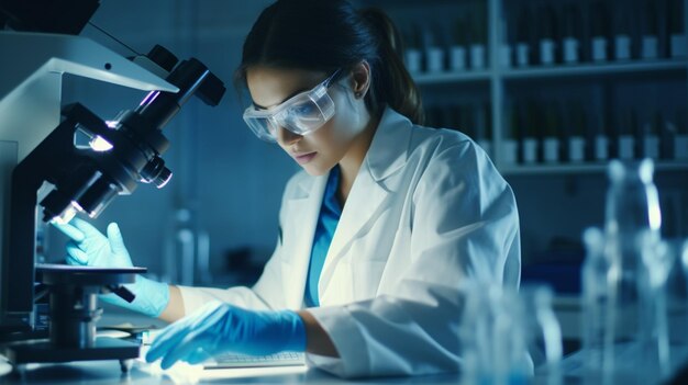 Laboratorio de Ciencias Médicas retrato de mujeres hermosas científica mirando bajo el microscopio