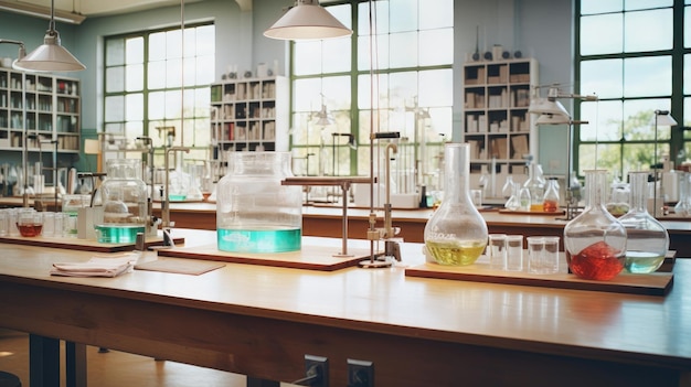 Foto un laboratorio de ciencias de secundaria bien equipado con matraces y tubos de ensayo ia generativa