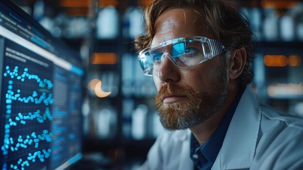 En un laboratorio un científico con gafas de protección analiza datos de ADN en una computadora