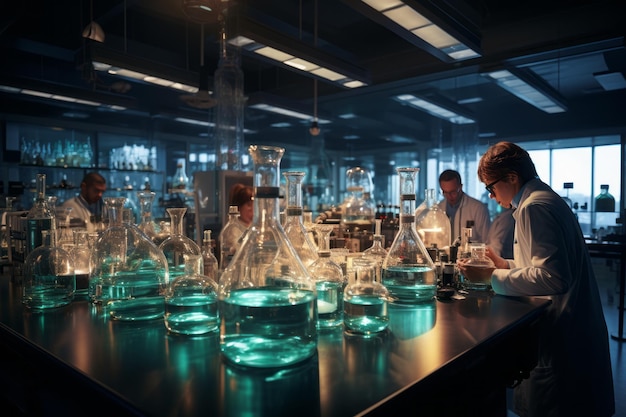 Laboratório com cientistas conduzindo um experimento de IA generativa