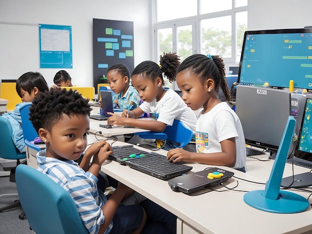 Un laboratorio de computación con niños sentados en sus estaciones generadas por IA