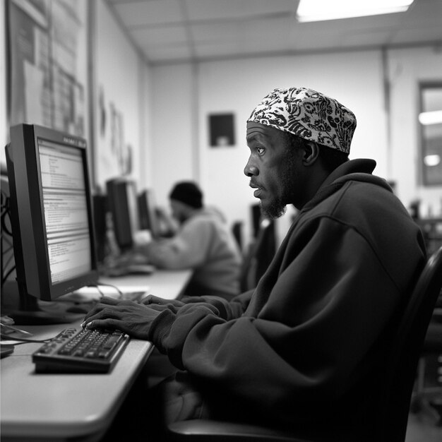 Un laboratorio de computación en un refugio donde las personas sin hogar están buscando oportunidades de trabajo en línea