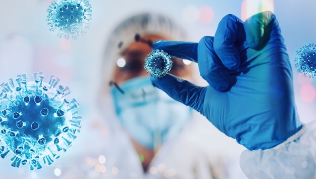 Laboratório de ciências médicas. Conceito de pesquisa de bactérias contra o coronavírus covid-19