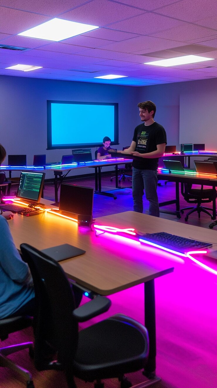 Foto laboratório de codificação com iluminação dinâmica e tecnologia avançada