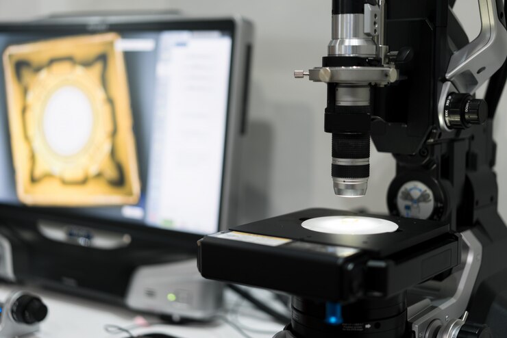Foto laboratório de microeletrônica com instrumentos de medição e microscópios.