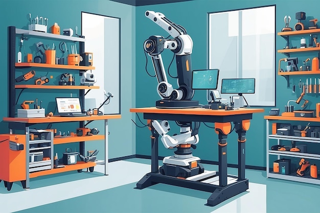 Foto laboratório de oficina de robótica com ferramentas de peças de reposição e bancada para montagem de componentes robóticos ilustração de vetor plano