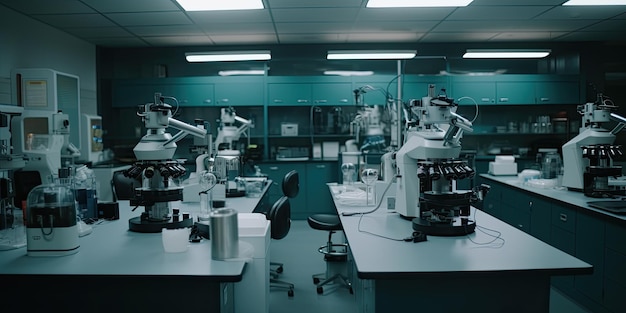 Laboratório de pesquisa médica moderna com microscópio e tubos de ensaio com bioquímicos na ilustração de IA generativa de mesa