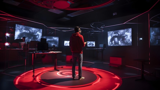 Laboratório de realidade virtual onde os alunos exploram conceitos científicos