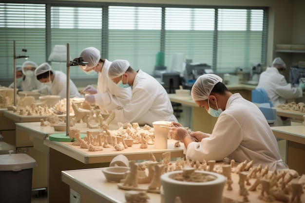 Un laboratorio dental con técnicos que elaboran prótesis dentales instalaciones médicas IA generativa