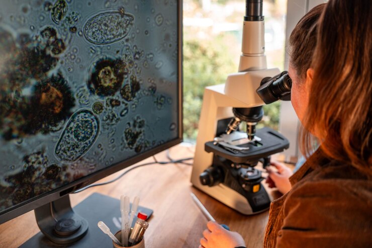 Foto laboratorio doméstico probando muestras de suelo para la vida del suelo biología microorganismos en compost con un microscopio mirando nematodos en tasmania australia agricultura orgánica regenerativac prueba ompost