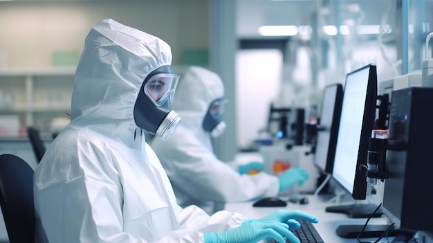 En el laboratorio por encima del hombro vista de científico en ropa de protección haciendo investigación IA generativa