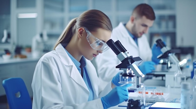 En un laboratorio, los estudiantes de medicina están haciendo experimentos y usando IA generativa