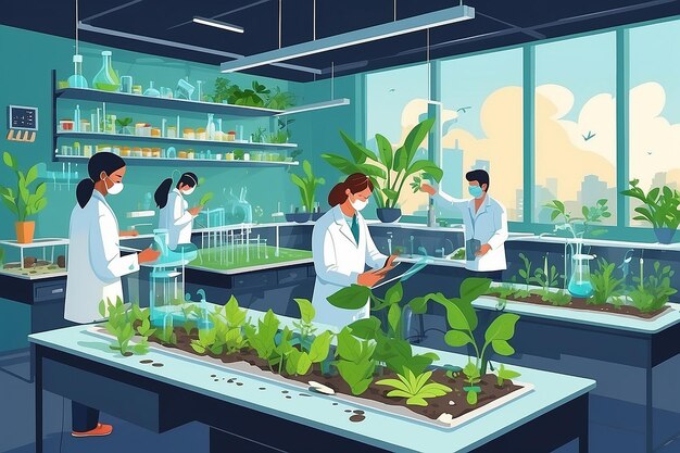 laboratorio con estudiantes que llevan a cabo experimentos sobre el impacto de la contaminación en la vida vegetal