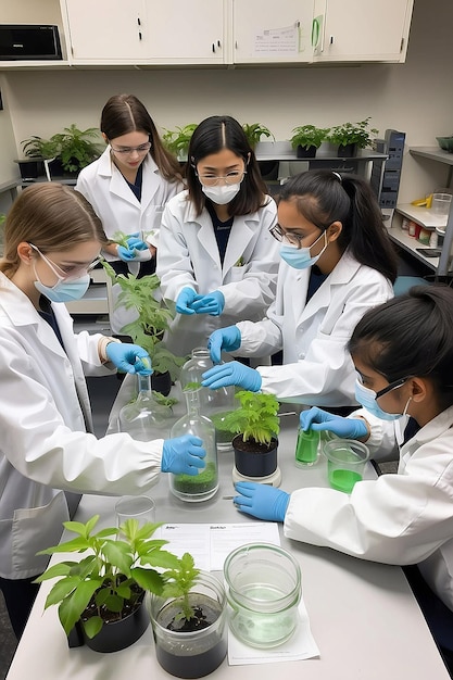 Foto laboratorio con estudiantes que llevan a cabo experimentos sobre el impacto de la contaminación en la vida vegetal