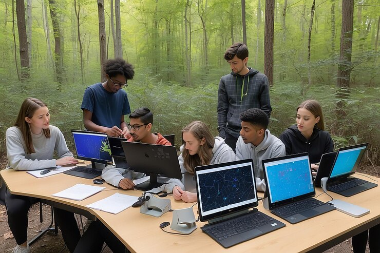 Foto laboratorio con estudiantes que utilizan la ia para analizar patrones en datos ecológicos