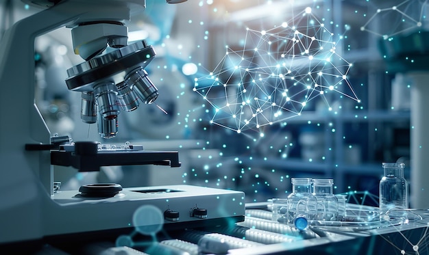 un laboratorio con un fondo azul con una línea de botellas y un microscopio