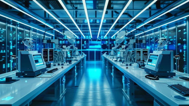 Un laboratorio futurista está equipado con filas de máquinas avanzadas y pantallas cada una alimentada por