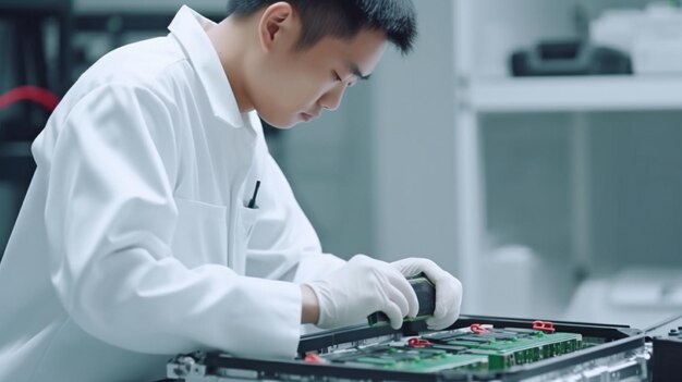 En un laboratorio, un ingeniero o técnico trabaja con un módulo de células de batería de automóviles eléctricos.