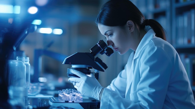 Laboratorio de investigación médica moderna retrato de mujer científica utilizando información de análisis de microscopio