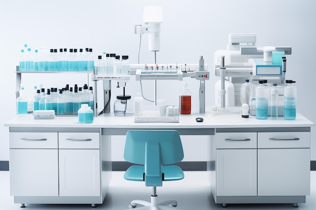 Laboratorio médico moderno con equipos para investigación y desarrollo científicos.
