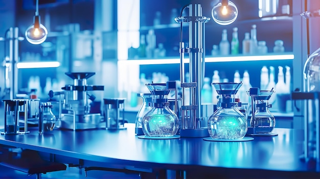 Un laboratorio con una mesa azul y una fila de tubos de ensayo con fondo azul.
