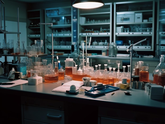 Un laboratorio con muchas botellas de líquido y una luz en el techo.