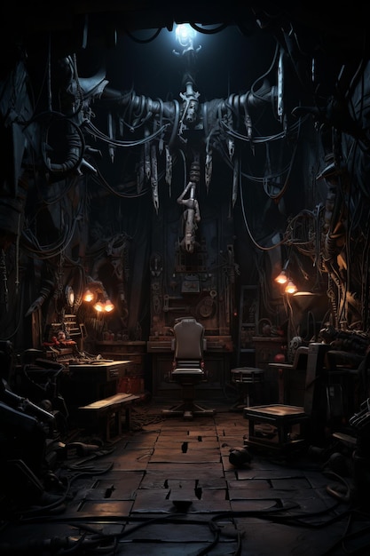 Un laboratorio oscuro y espeluznante con una gran silla en el centro