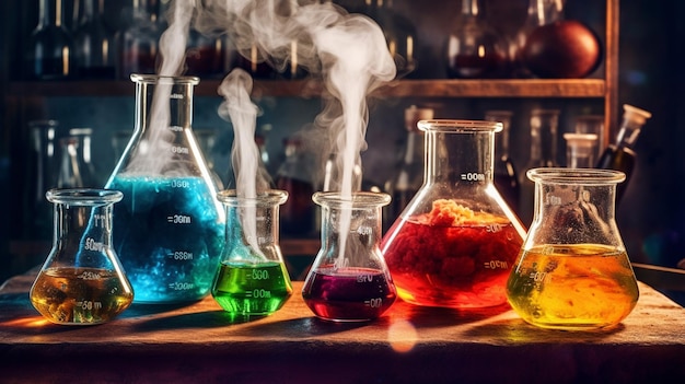 Un laboratorio de química con líquidos de diferentes colores en diferentes colores.