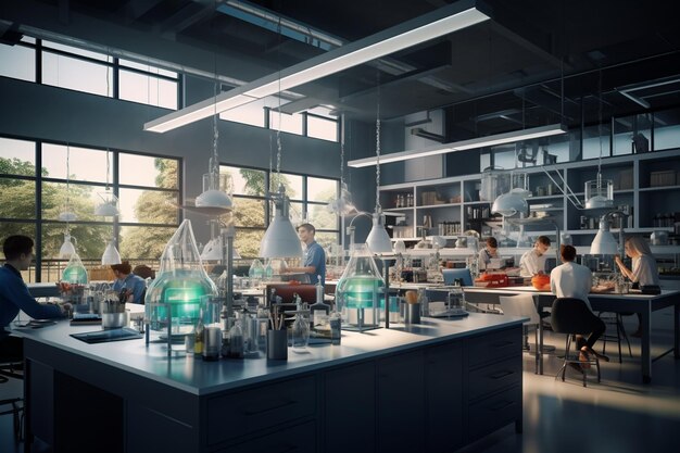 Laboratorio de química de secundaria con estudiantes realizando 00331 00