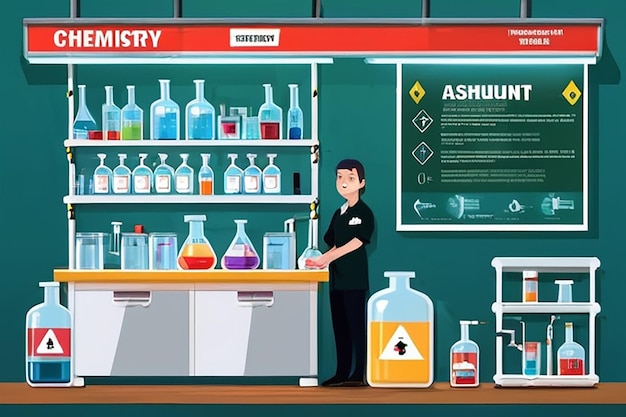 Laboratorio de química con señales de seguridad Ilustración de estilo plano vectorial