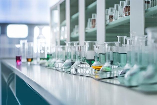 Un laboratorio de química con vasos y vasos llenos de líquido.