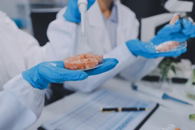 Laboratorio químico del suministro de alimentos Alimentos en el laboratorio modifican el ADN OMG Alimentos modificados genéticamente en el laboratorio