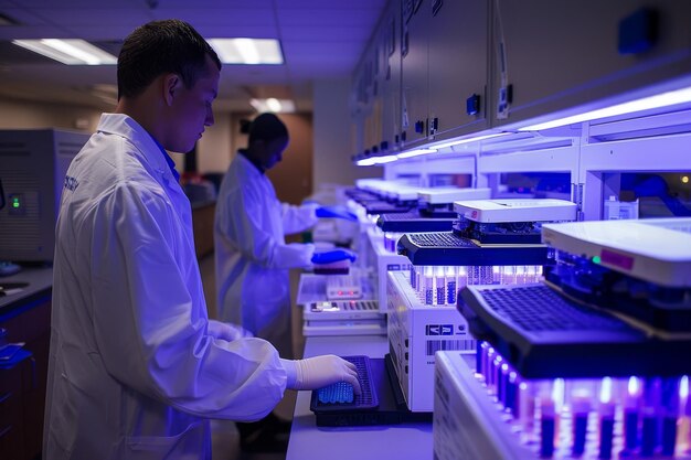 Foto laboratorio de secuenciación genómica una fotografía de un laboratorio de secuenciacion genómica con científicos que llevan a cabo la secuenciación de adn y el análisis genético