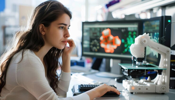 Foto en el laboratorio de tecnología avanzada un ingeniero está analizando un modelo 3d en una computadora aig62