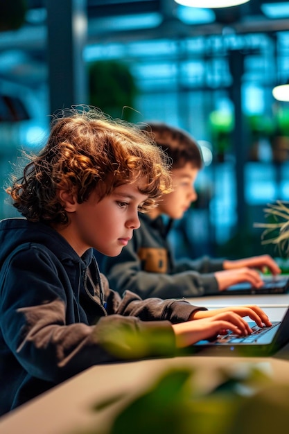 Foto laboratorio de tecnología ecológica donde los niños usan computadoras portátiles para aprender sobre la conservación del medio ambiente