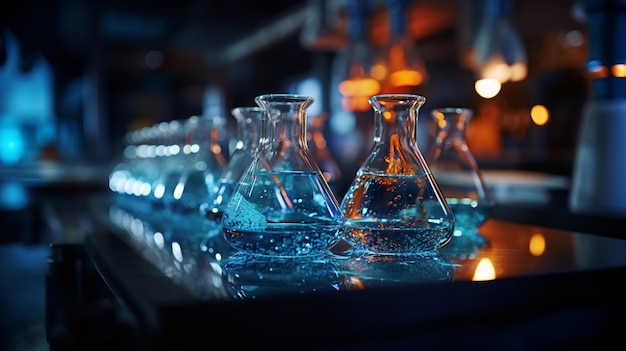 un laboratorio con vistas a varios vasos, tubos de ensayo con agua al estilo de azul claro y azul marino de alto contraste