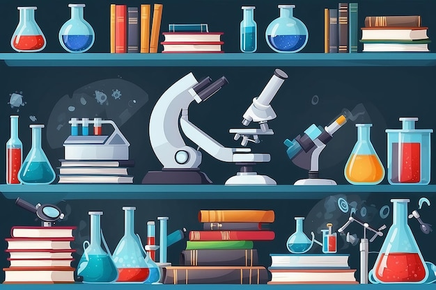 Laborgeräte Gläser Becher Flaschen Mikroskop und Stapel Bücher Computer mit Software Biolog