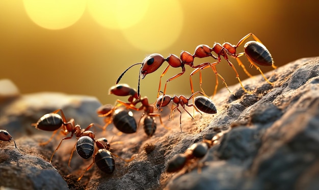 Las laboriosas hormigas trabajan juntas llevando comida a su guarida.