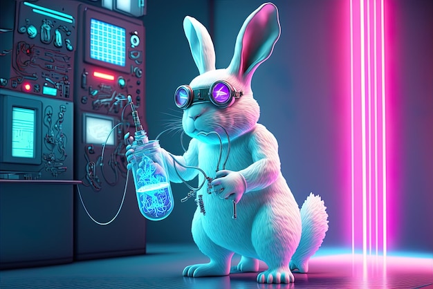 Laborumgebung mit einem anthropomorphen weißen Kaninchen in der Uniform eines Wissenschaftlers