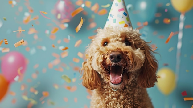 Labradoodle comemorando festa de aniversário com confeti