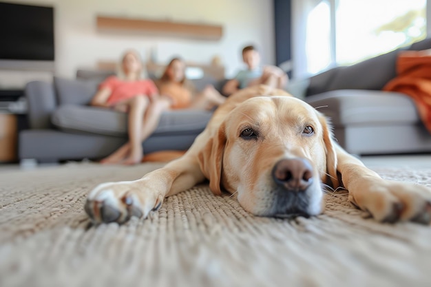 Labrador acostado en el suelo y en el fondo fuera de enfoque de la familia