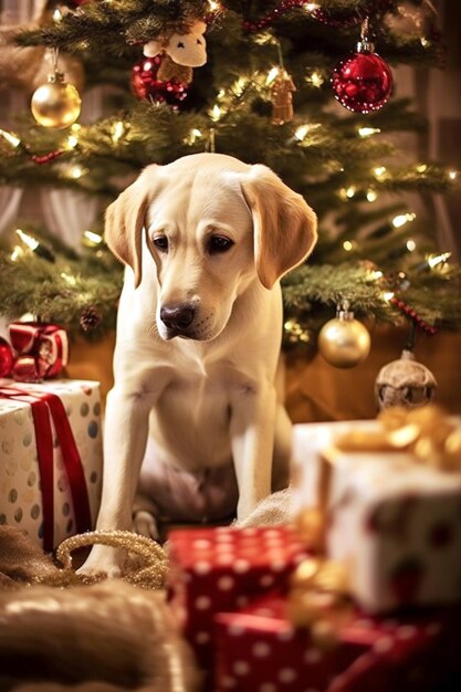 Labrador alegre sentado contra el fondo navideño IA generativa