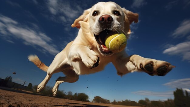 Foto labrador ansioso pegando uma bola de tênis no ar com a língua balançando