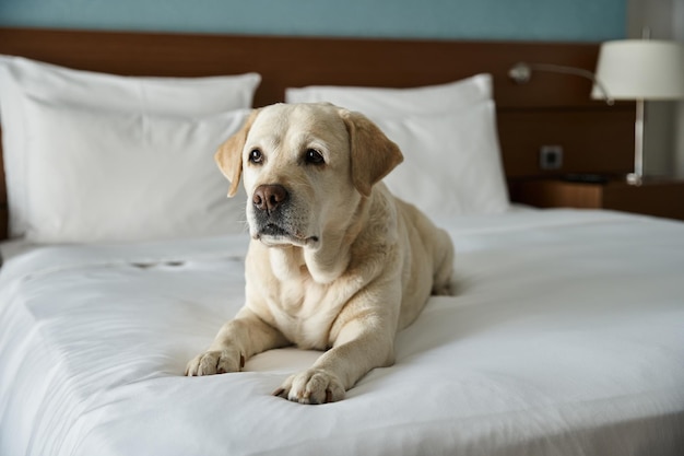 Labrador branco bonito descansando em uma cama branca em um quarto de hotel animal amigável companheiro e viagem