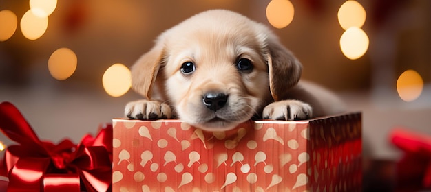 Labrador cachorro en caja de regalo con telón de fondo de vacaciones retrato de mascota festivo con estilo de luz brillante